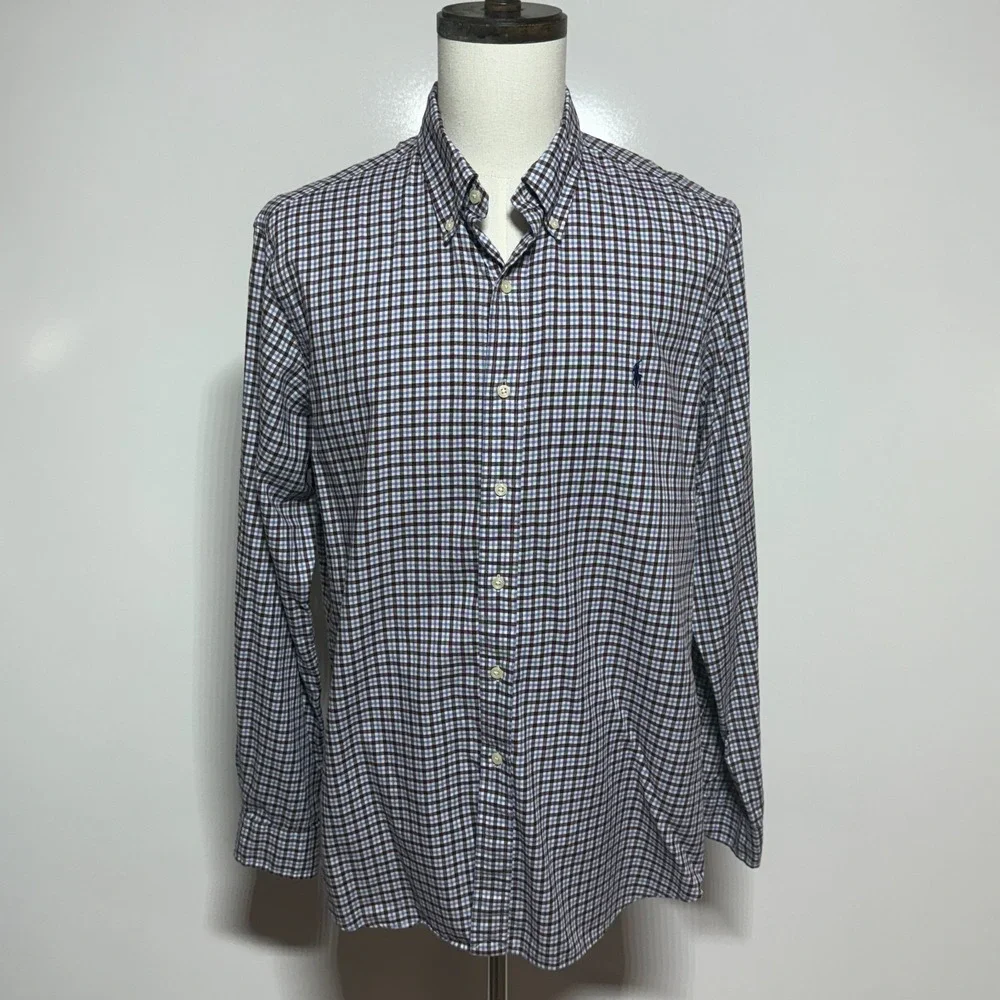 Polo‎ Ralph Lauren Shirt Mens XL Brown Blue Plaid Button Down Long Sleeve Pony